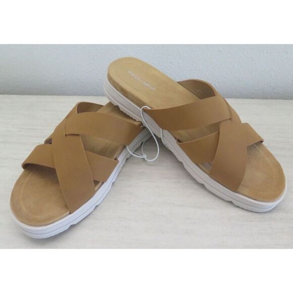 Easy Spirit Women's Sz 10M Tan Woven Leather Cushiony Slide-On Wedge Sandals - Picture 1 of 10